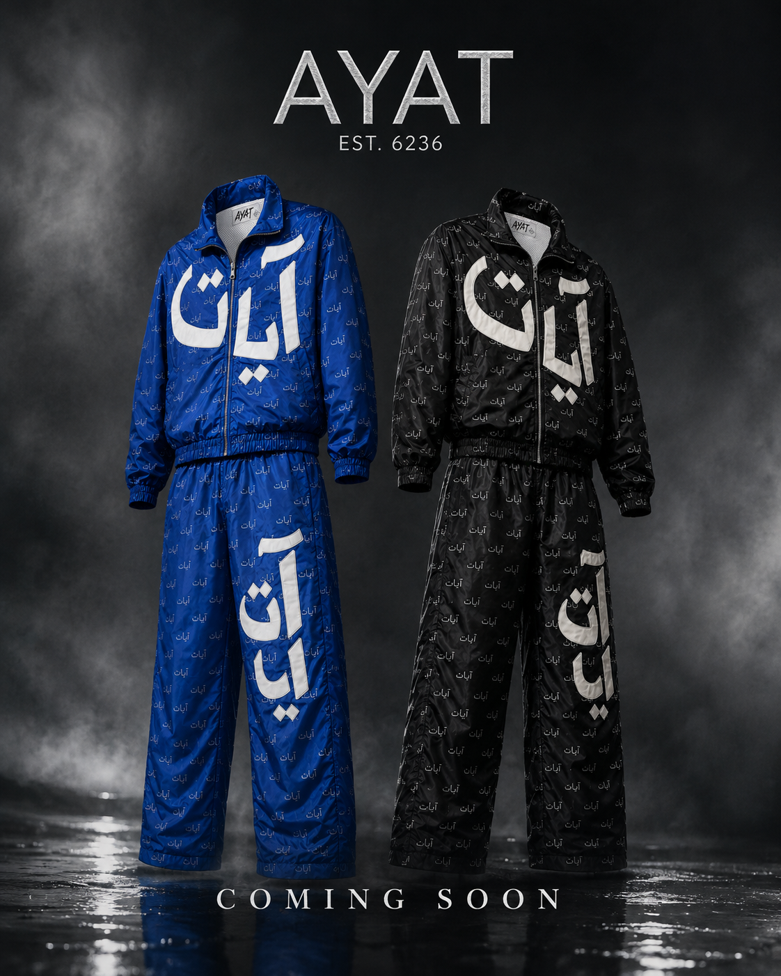 Back and angled front views of black AYAT Signs 101 tracksuit