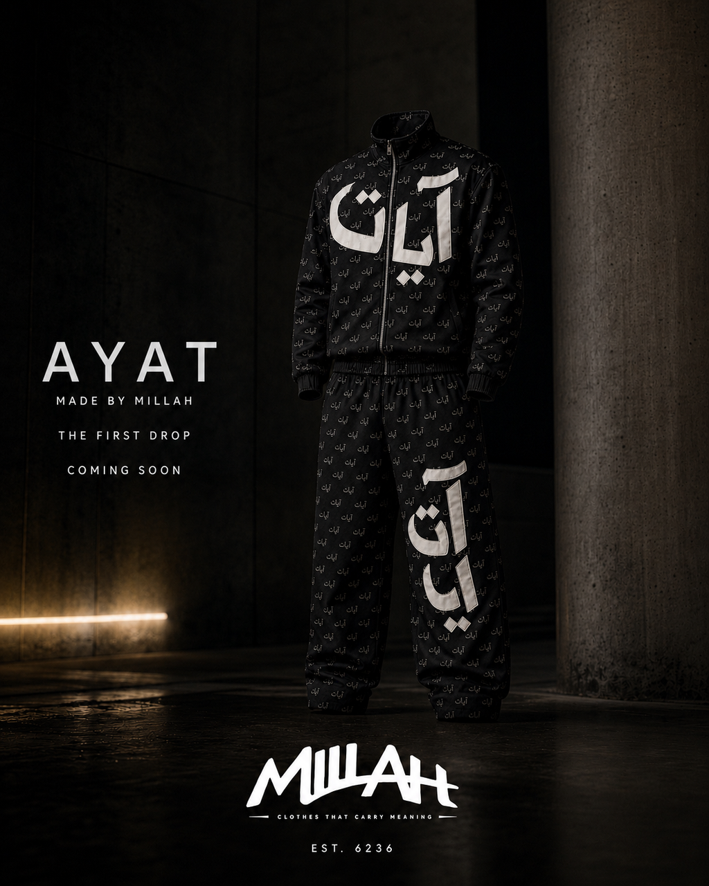 Black AYAT tracksuit shown in dark promotional image with coming soon text