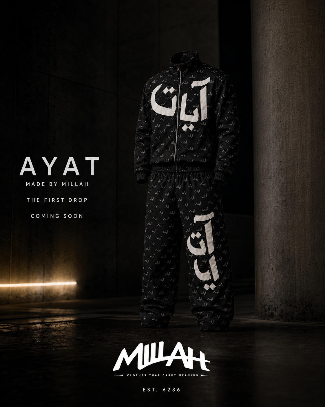 Black AYAT tracksuit shown in dark promotional image with coming soon text