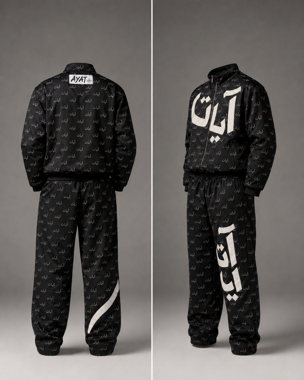 Black AYAT Signs 101 tracksuit shown from front and back in dark promotional image