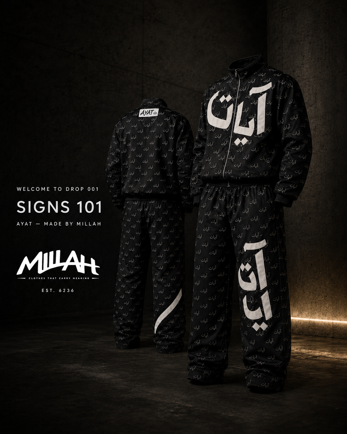 Front and back views of the black AYAT Signs 101 tracksuit set