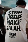 Stop Drop Make Salah cream tee back print close-up