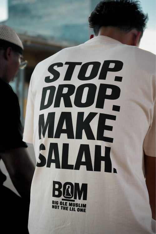 Stop Drop Make Salah cream tee back print close-up