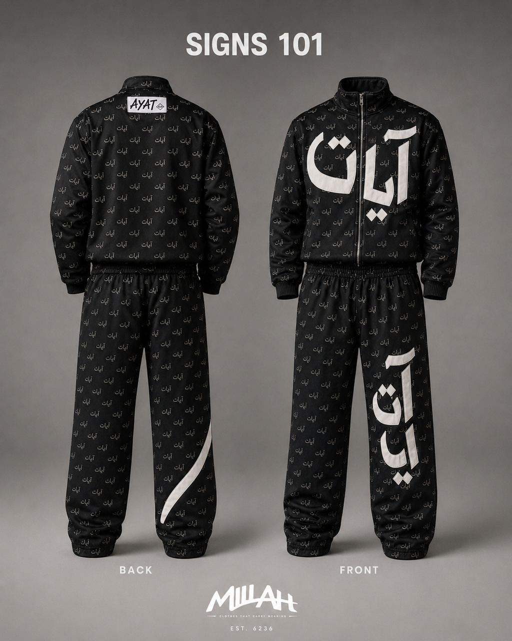 Close-up of black AYAT Signs 101 jacket and pants with white Arabic artwork