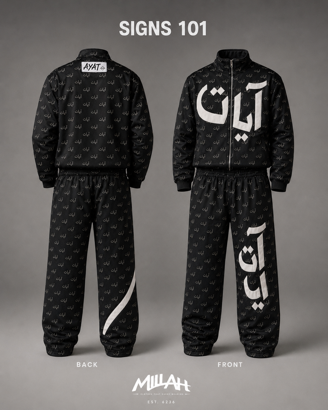 Close-up of black AYAT Signs 101 jacket and pants with white Arabic artwork